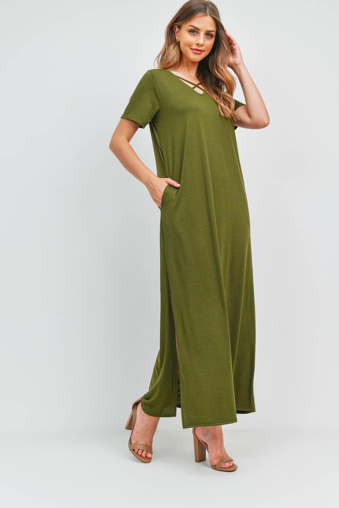 Solid Neck Detail Side Slit Pocket Dress