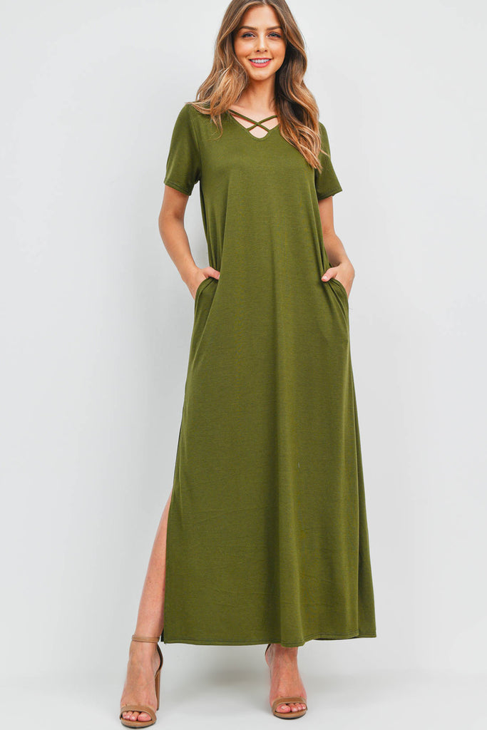 Solid Neck Detail Side Slit Pocket Dress