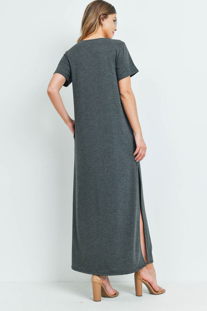 Solid Neck Detail Side Slit Pocket Dress