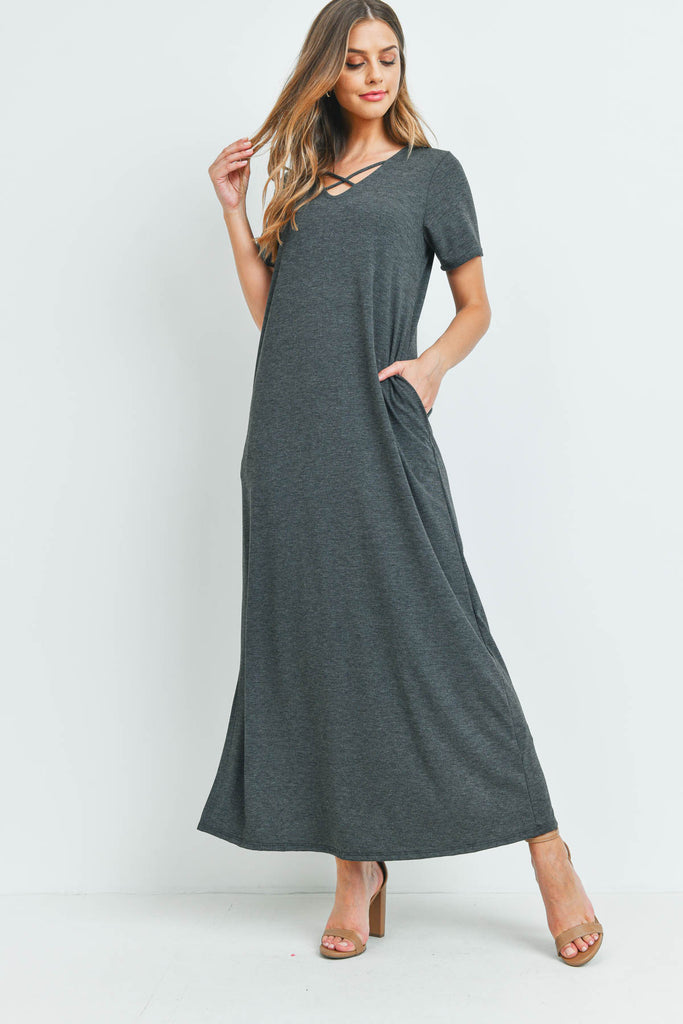 Solid Neck Detail Side Slit Pocket Dress