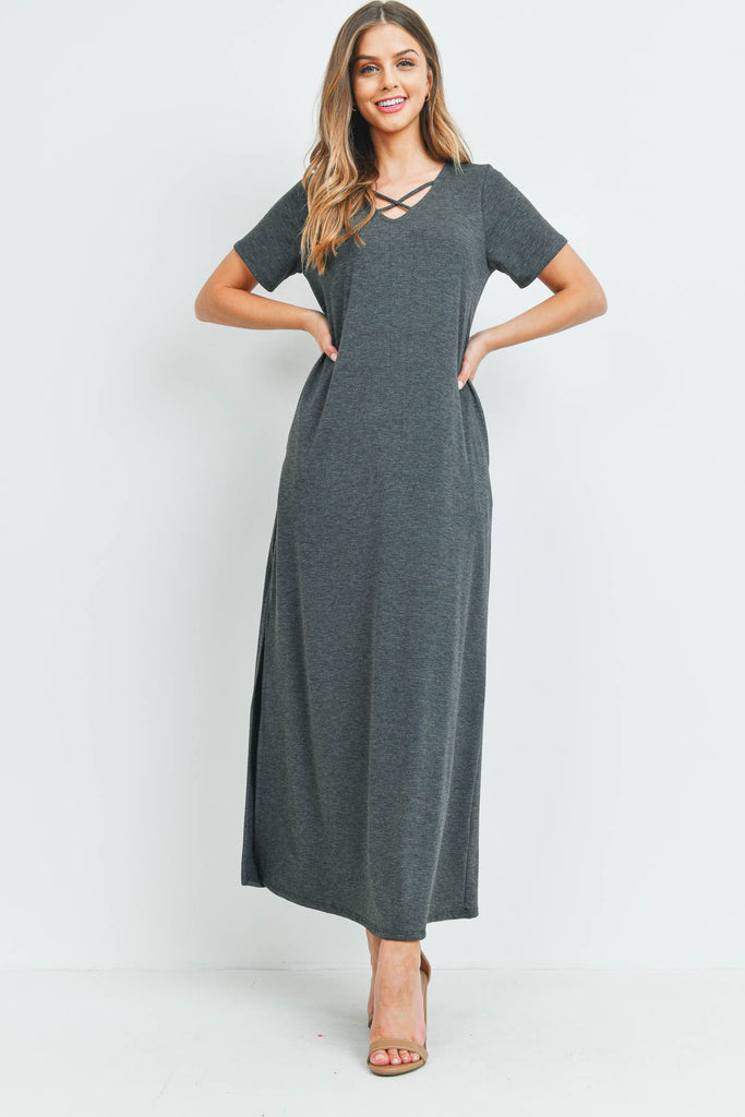 Solid Neck Detail Side Slit Pocket Dress