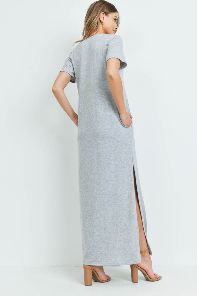 Solid Neck Detail Side Slit Pocket Dress