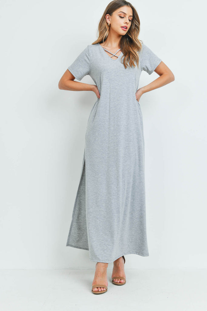 Solid Neck Detail Side Slit Pocket Dress