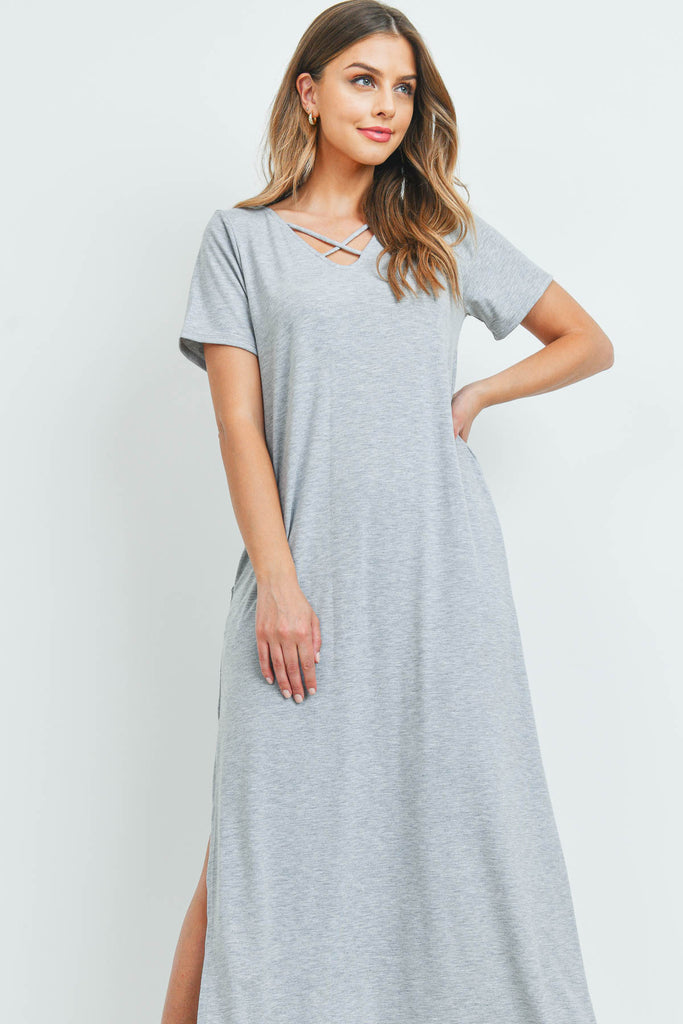 Solid Neck Detail Side Slit Pocket Dress