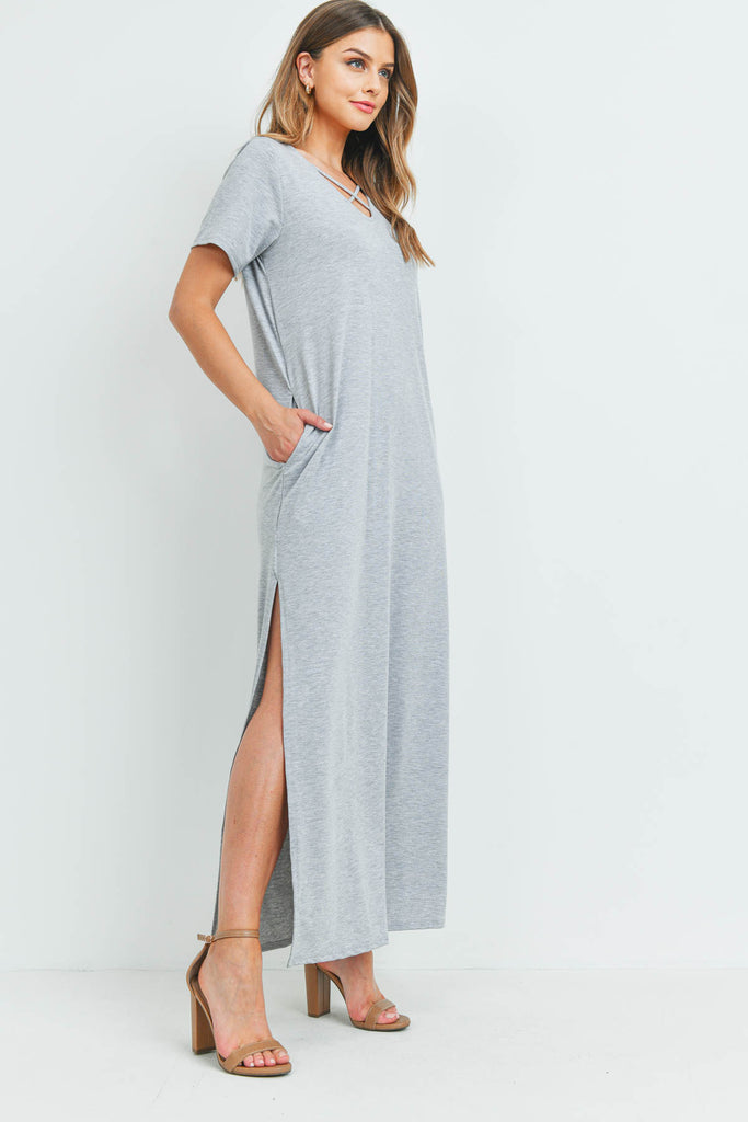 Solid Neck Detail Side Slit Pocket Dress