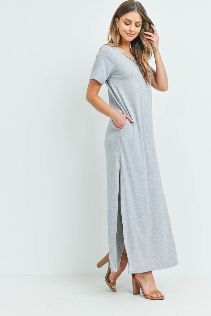 Solid Neck Detail Side Slit Pocket Dress