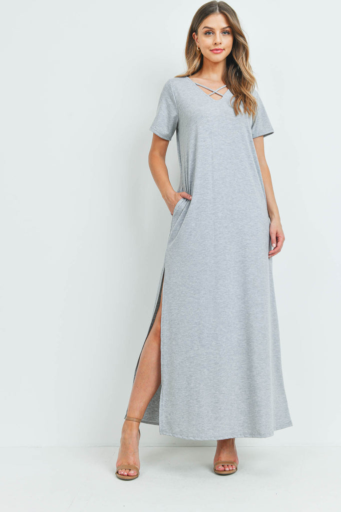 Solid Neck Detail Side Slit Pocket Dress