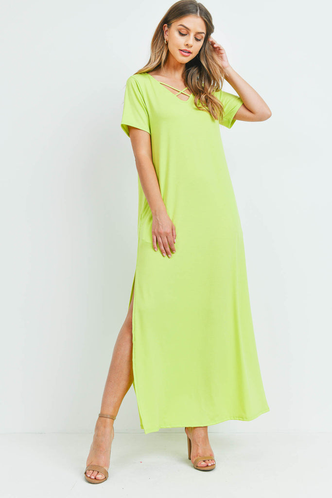 Solid Neck Detail Side Slit Pocket Dress