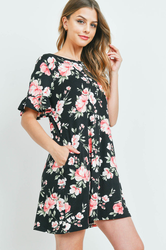 Floral Ruffle Sleeves Swing Dress