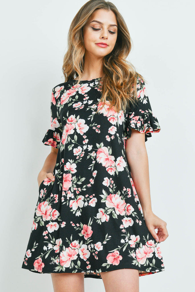 Floral Ruffle Sleeves Swing Dress