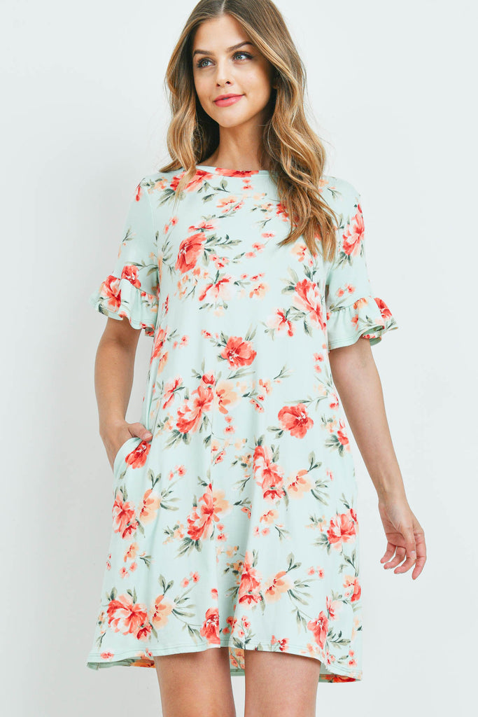 Floral Ruffle Sleeves Swing Dress