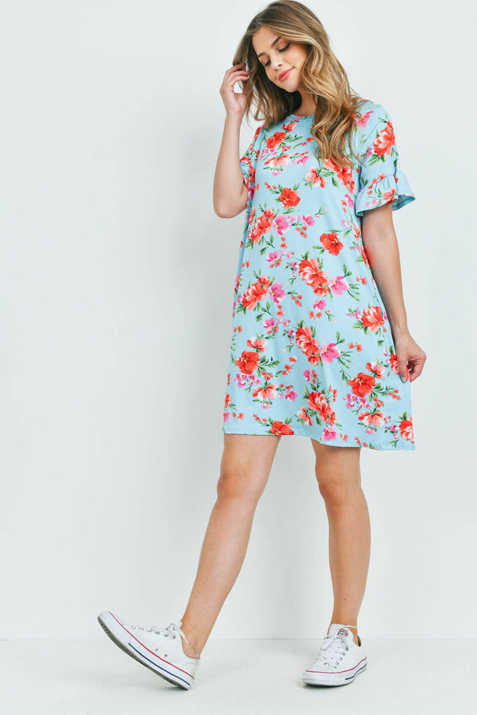 Floral Ruffle Sleeves Swing Dress