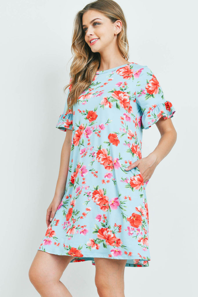 Floral Ruffle Sleeves Swing Dress