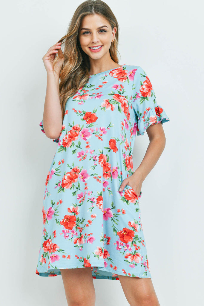 Floral Ruffle Sleeves Swing Dress