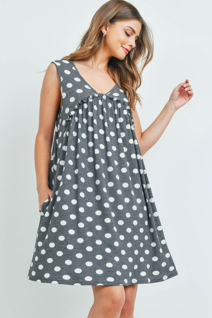V-Neck Ruffle Detail Polka Dot Swing Dress