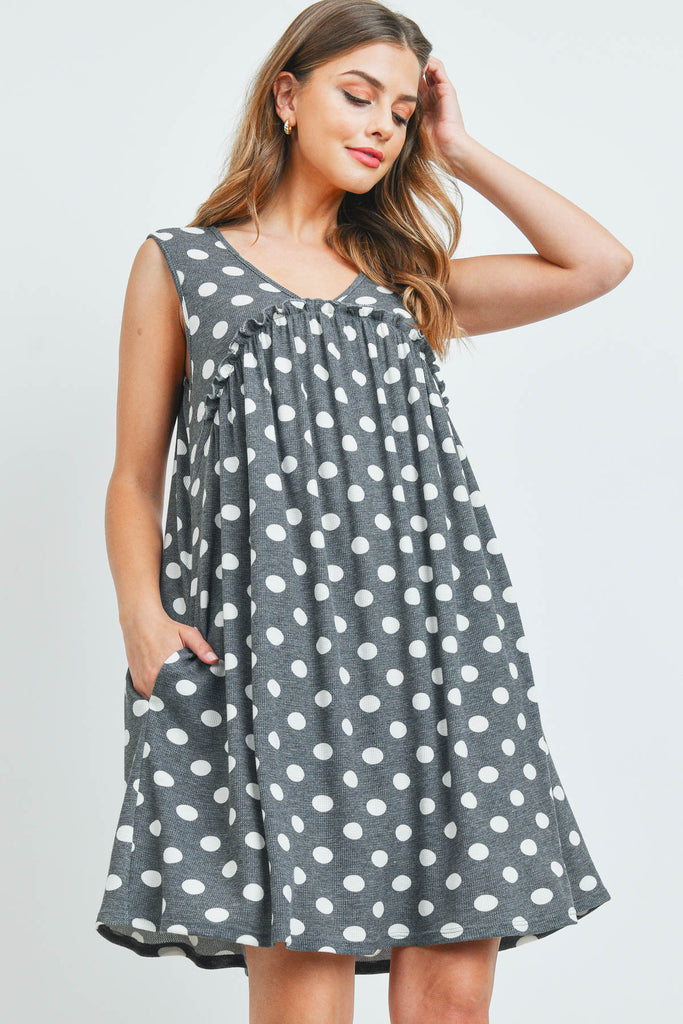 V-Neck Ruffle Detail Polka Dot Swing Dress