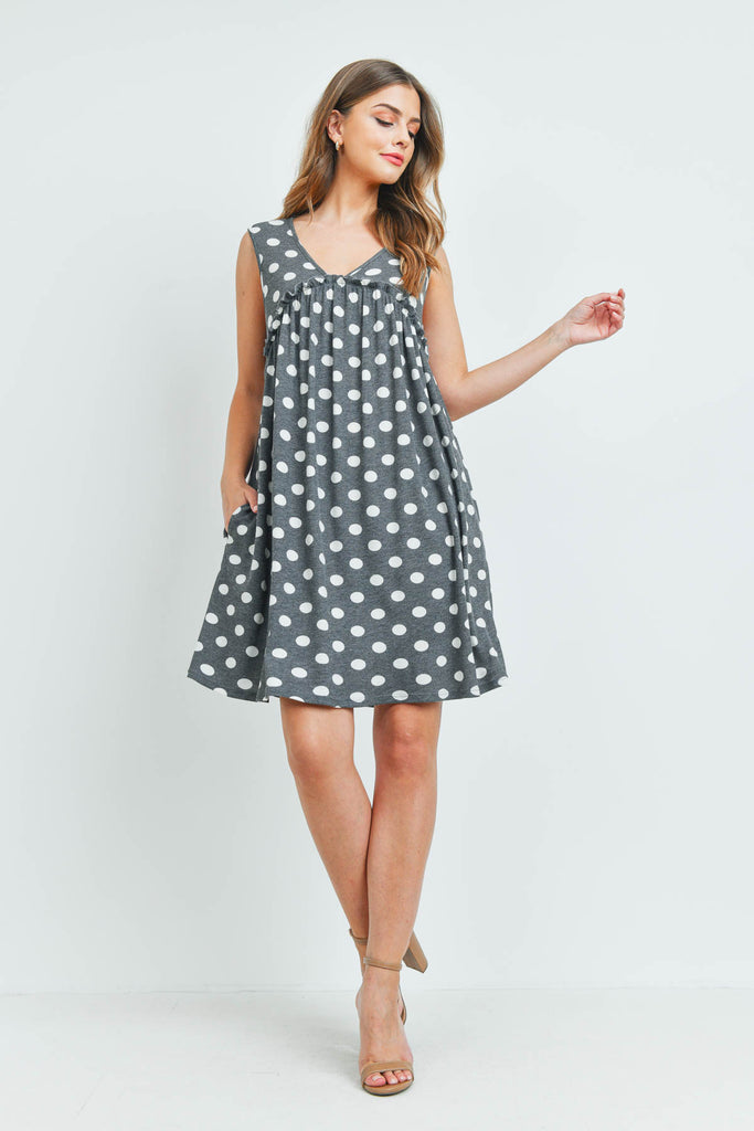 V-Neck Ruffle Detail Polka Dot Swing Dress