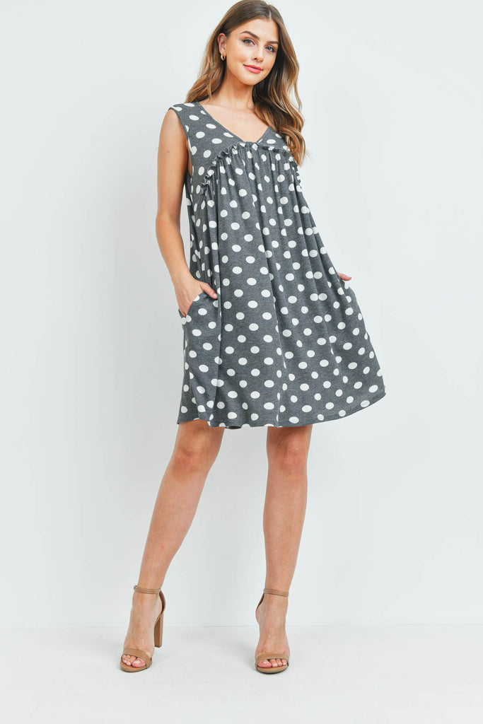 V-Neck Ruffle Detail Polka Dot Swing Dress
