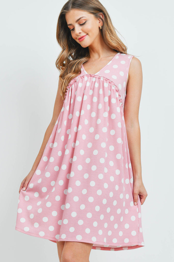 V-Neck Ruffle Detail Polka Dot Swing Dress