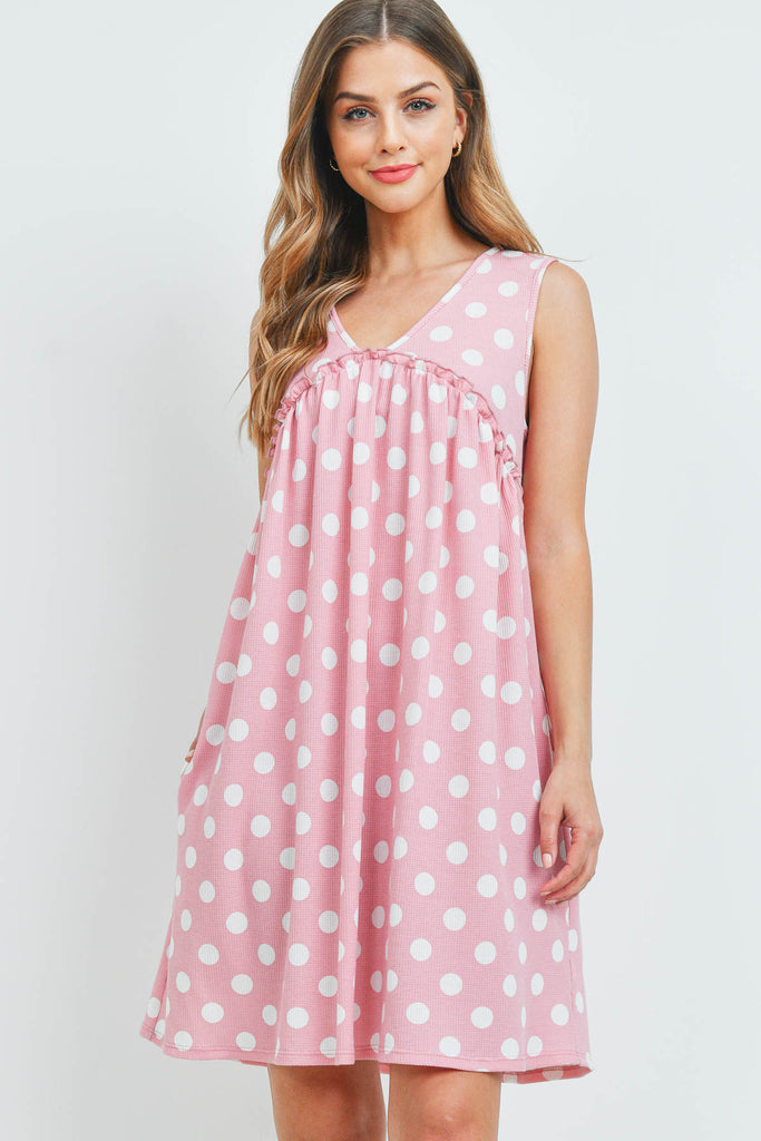 V-Neck Ruffle Detail Polka Dot Swing Dress