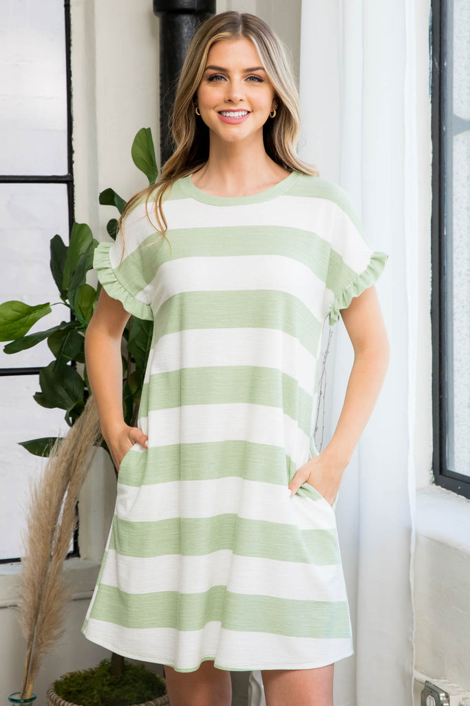 Ruffle Sleeve Stripes Swing Dress