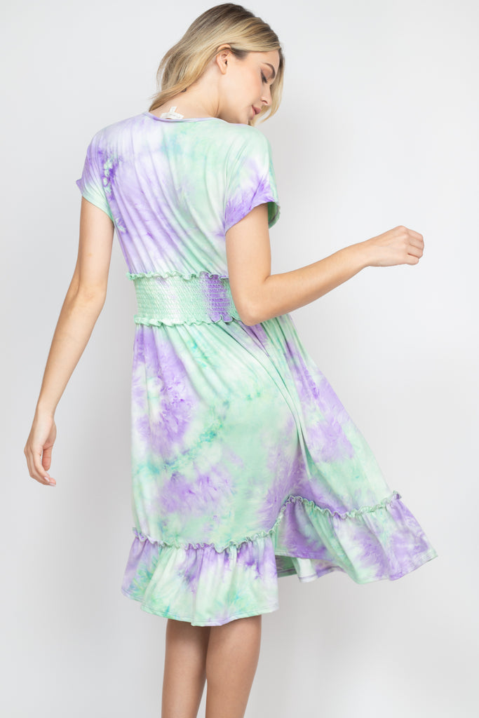 Smocked Waist Ribbon Detail Neckline Tie Dye Dress