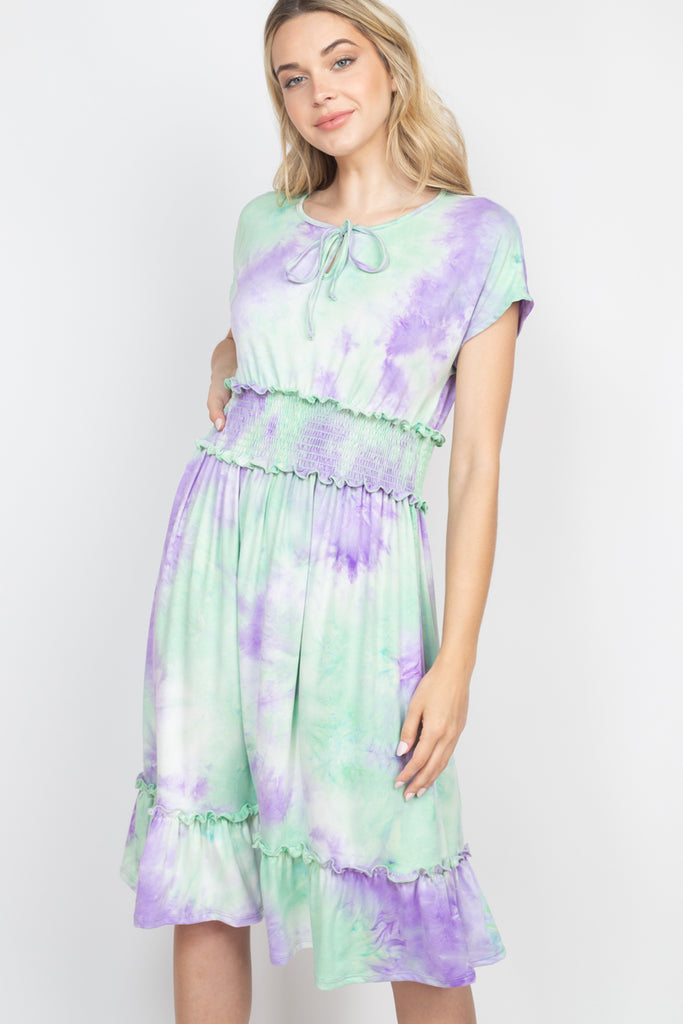 Smocked Waist Ribbon Detail Neckline Tie Dye Dress