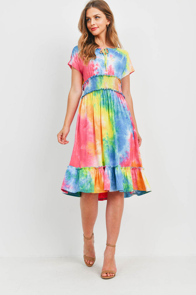 Smocked Waist Ribbon Detail Neckline Tie Dye Dress