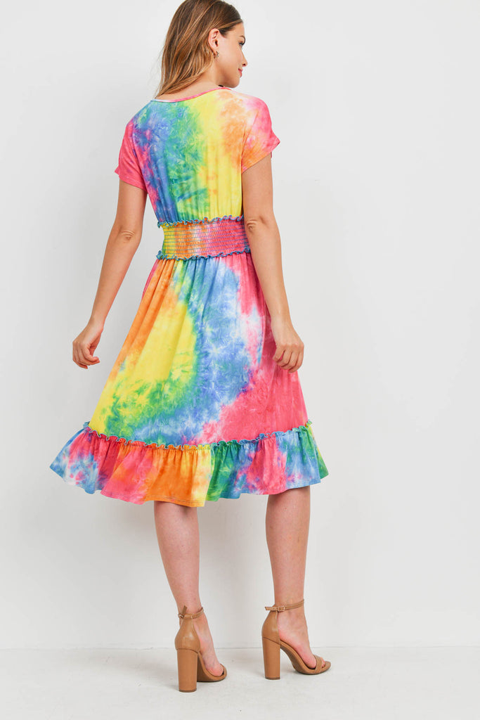 Smocked Waist Ribbon Detail Neckline Tie Dye Dress