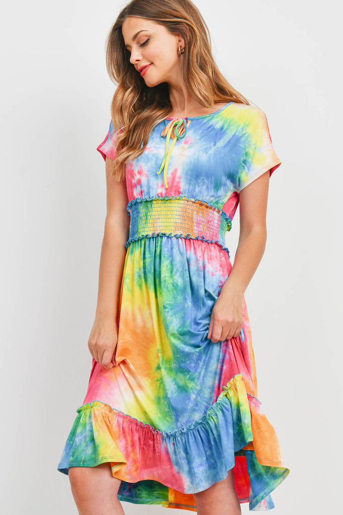 Smocked Waist Ribbon Detail Neckline Tie Dye Dress