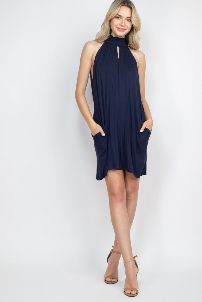 Smocked Halter Neckline Keyhole Jersey Dress
