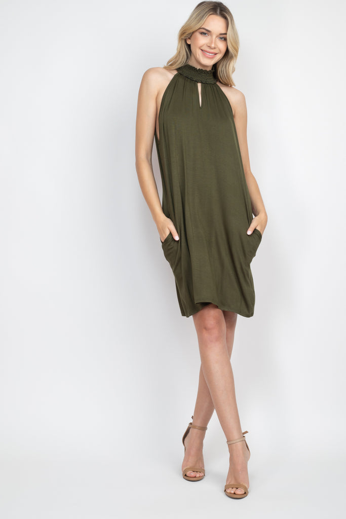 Smocked Halter Neckline Keyhole Jersey Dress