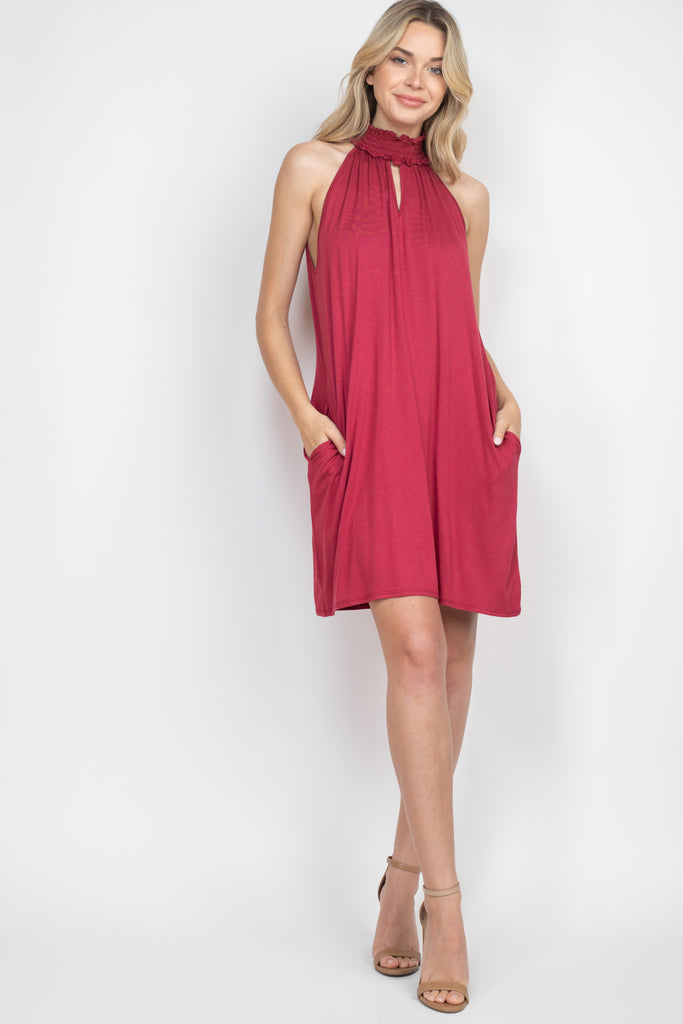 Smocked Halter Neckline Keyhole Jersey Dress