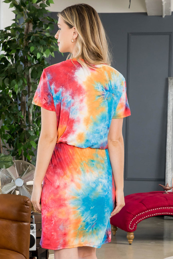 Tie Dye Cinch Waist Ribbon Side Pocket Dres