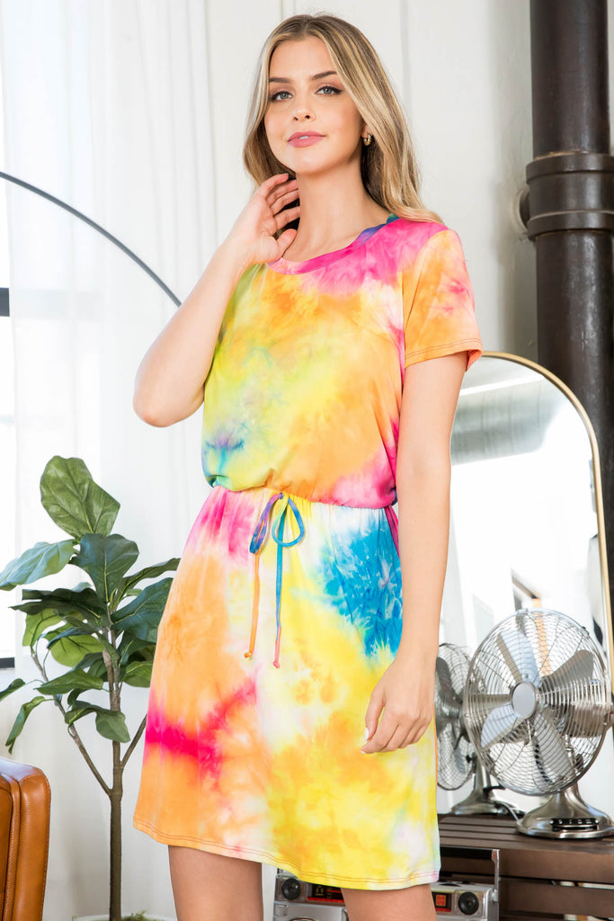 Tie Dye Cinch Waist Ribbon Side Pocket Dres