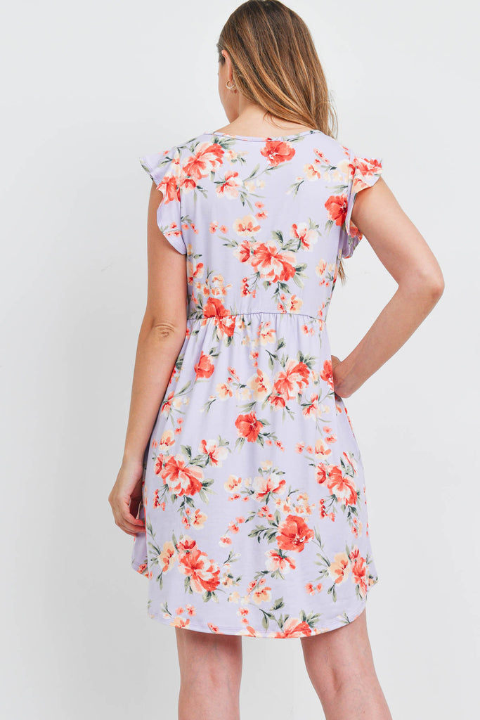 V-Neck Ruffle Cap Sleeve Floral Round Hem Dress