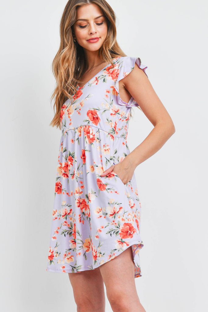 V-Neck Ruffle Cap Sleeve Floral Round Hem Dress
