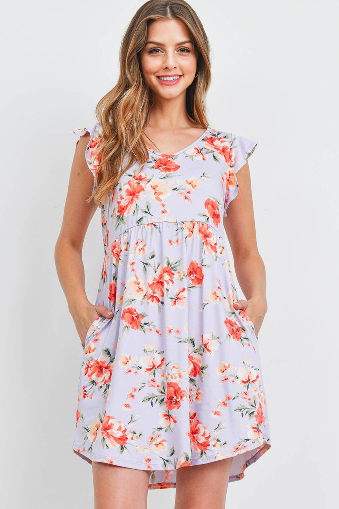 V-Neck Ruffle Cap Sleeve Floral Round Hem Dress