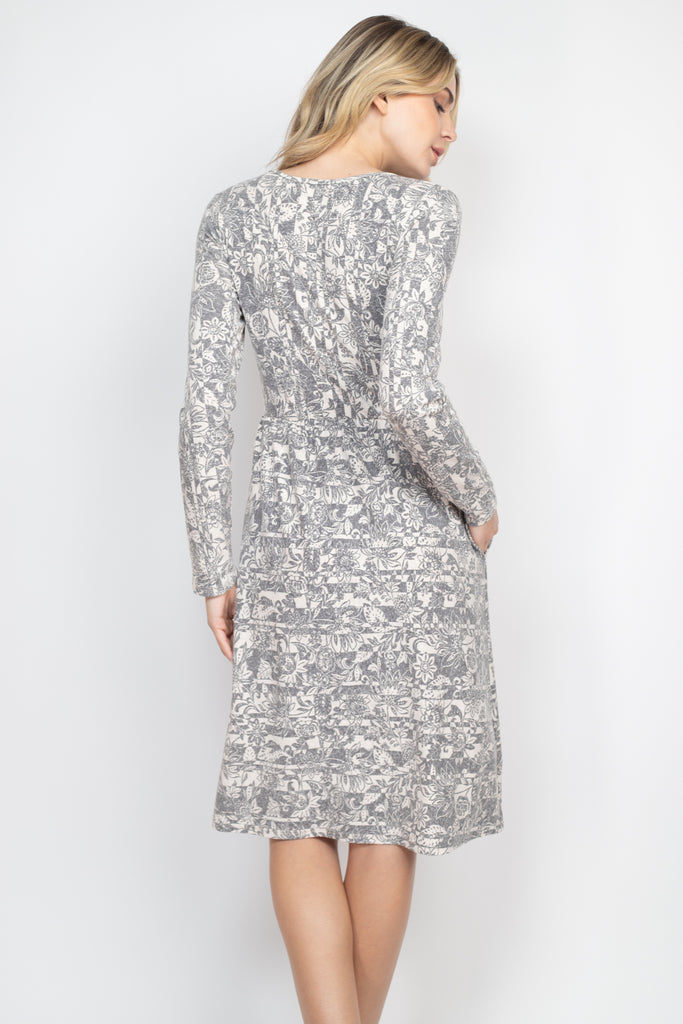 Long Sleeve Floral Print Dress with Inseam Pocket