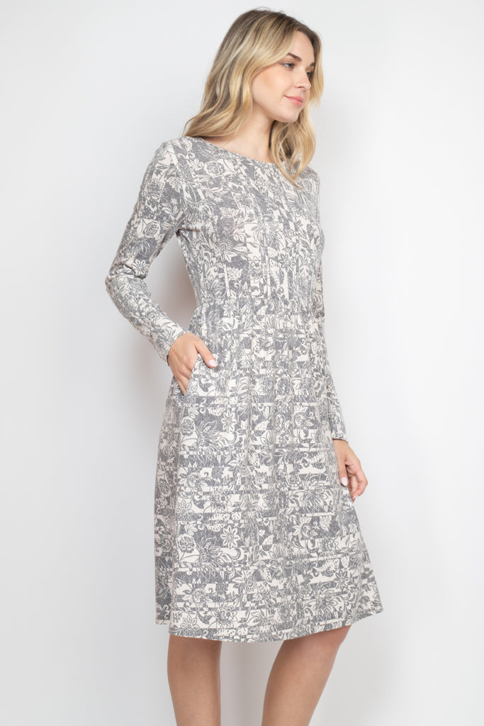 Long Sleeve Floral Print Dress with Inseam Pocket