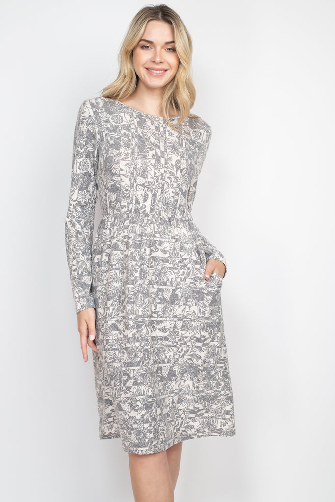 Long Sleeve Floral Print Dress with Inseam Pocket