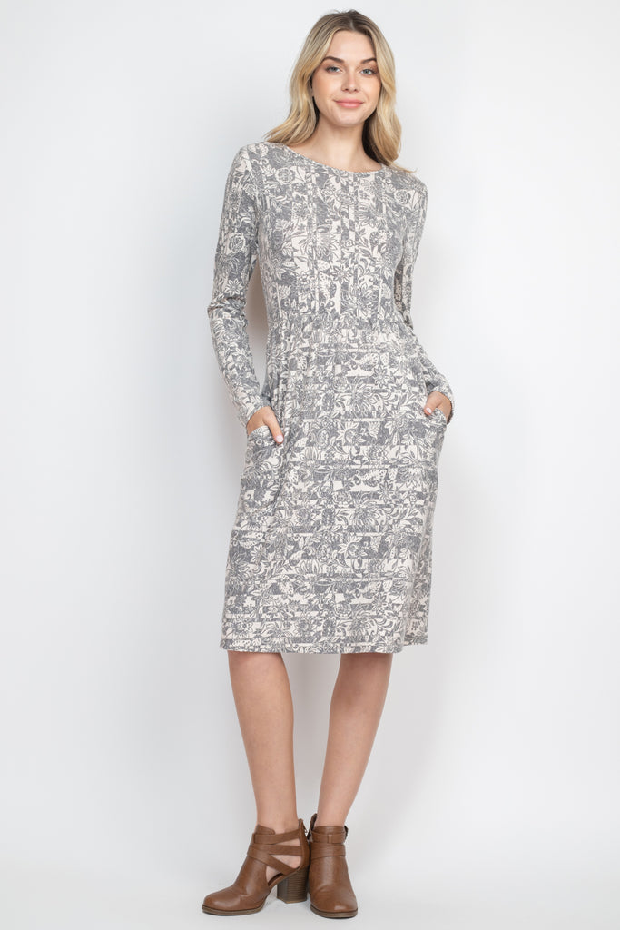 Long Sleeve Floral Print Dress with Inseam Pocket