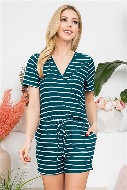Surplice Neckline Short Sleeve Stripe Romper