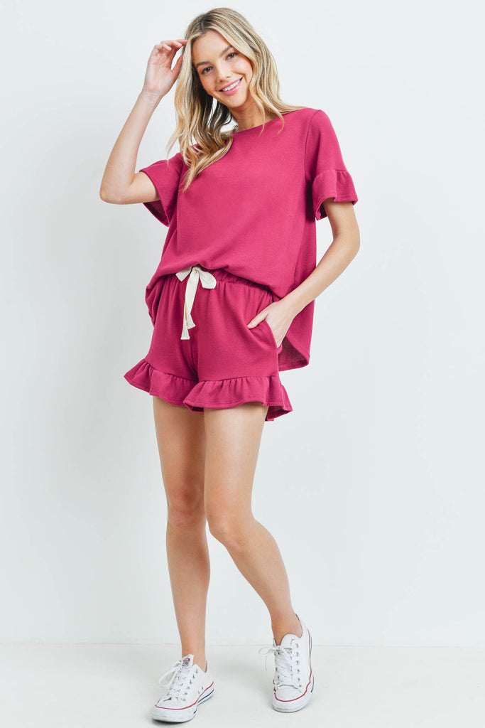 Solid Ruffle Top and Shorts Set With Self Tie