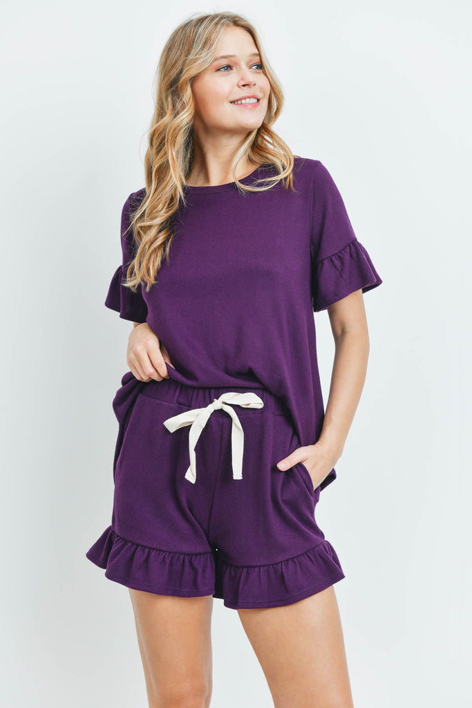 Solid Ruffle Top and Shorts Set With Self Tie