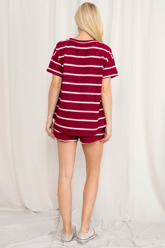 Short Sleeves Striped Top and Shorts Set With Self Tie