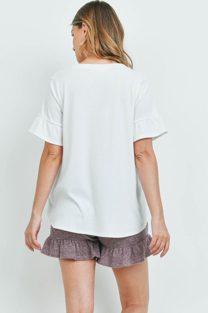 Rib Detail Top And Hacci Brushed Shorts Set With Self Tie