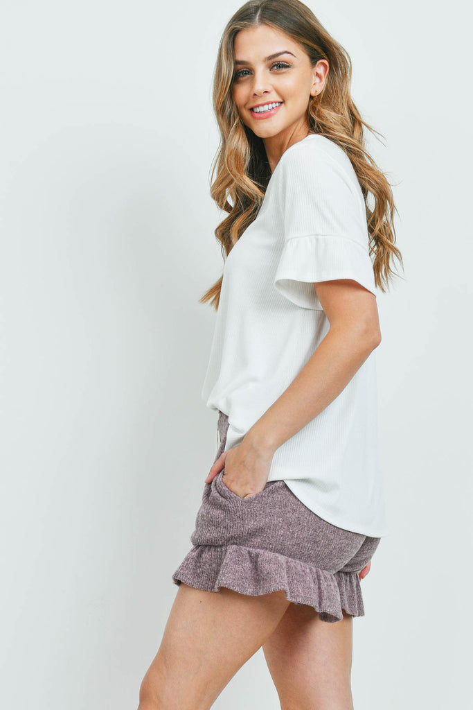 Rib Detail Top And Hacci Brushed Shorts Set With Self Tie