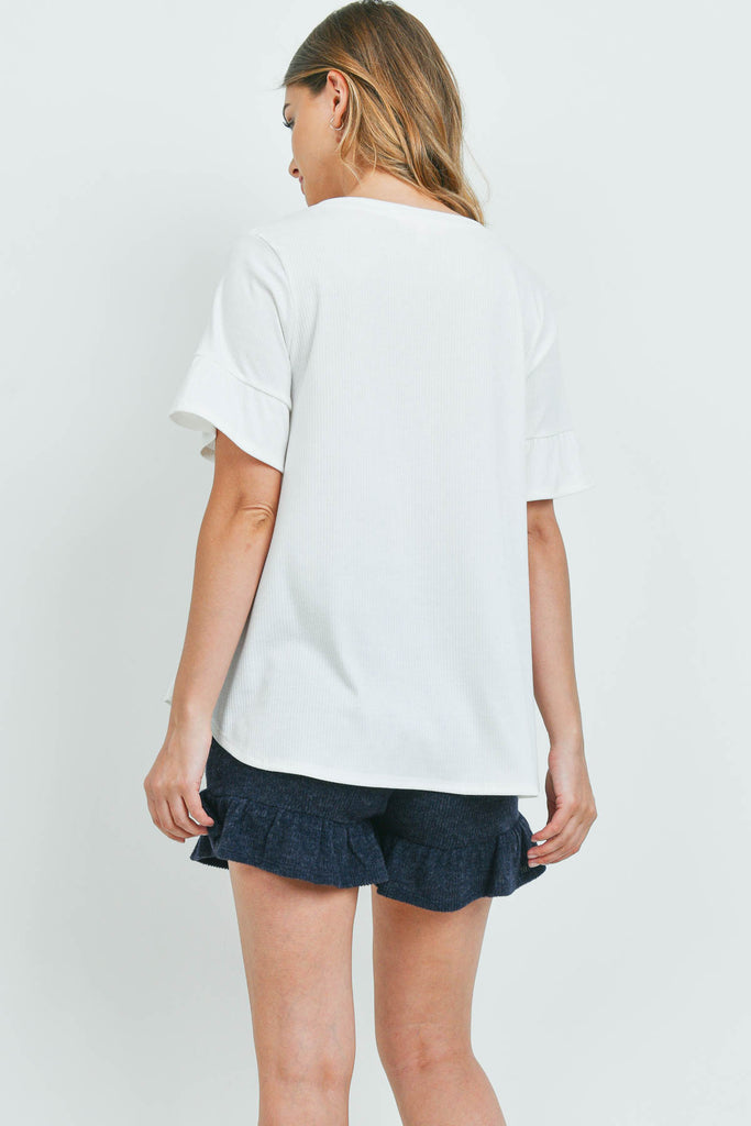 Rib Detail Top And Hacci Brushed Shorts Set With Self Tie