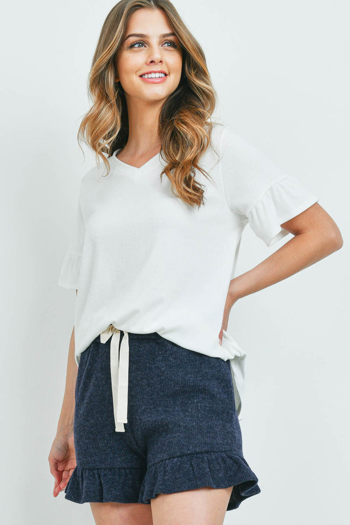 Rib Detail Top And Hacci Brushed Shorts Set With Self Tie